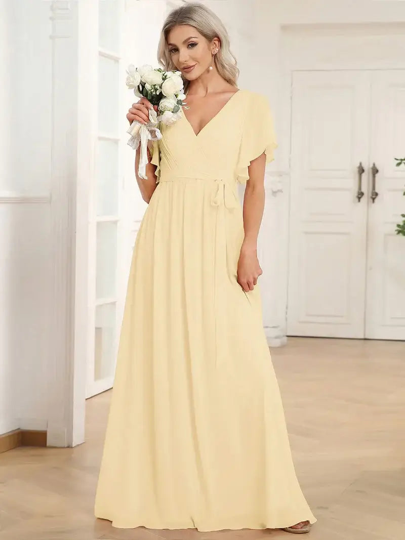 Yellow Elegant A-line bridesmaid dress with deep V-neckline and soft ruffle sleeves