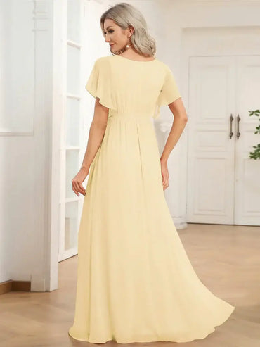Yellow Elegant A-line bridesmaid dress with deep V-neckline and soft ruffle sleeves