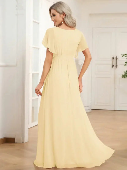 Yellow Elegant A-line bridesmaid dress with deep V-neckline and soft ruffle sleeves